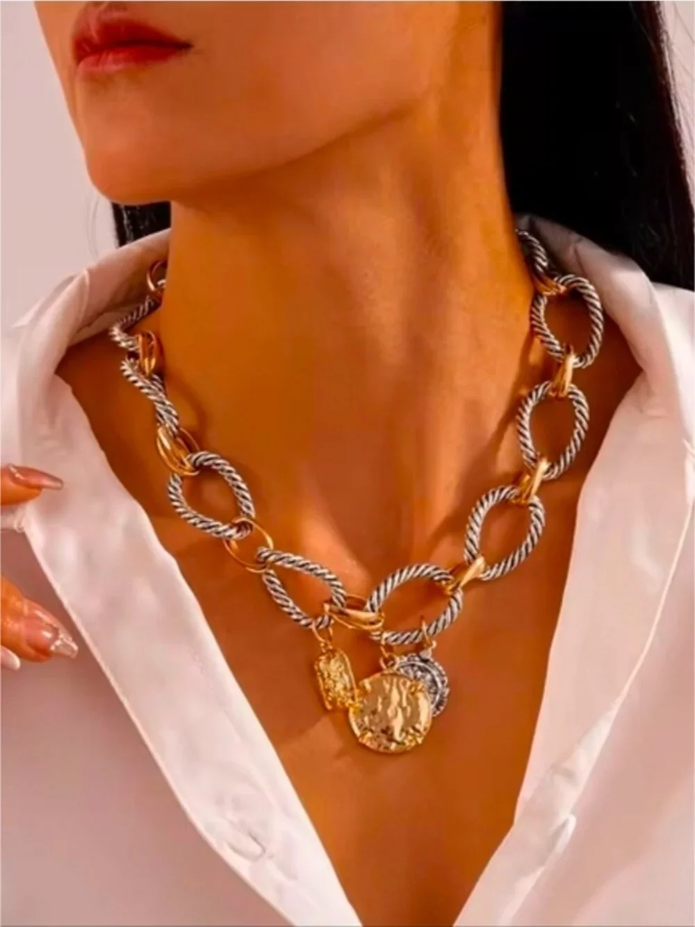 Two-Tone Twisted Link Coin Necklace - Gold & Silver